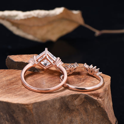 2CT Princess Shaped Moissanite Three Stone Engagement Ring Diamond Cluster Open Gaps Stacking Band Rose Gold Wedding Bridal Set Women Gifts - PENFINE