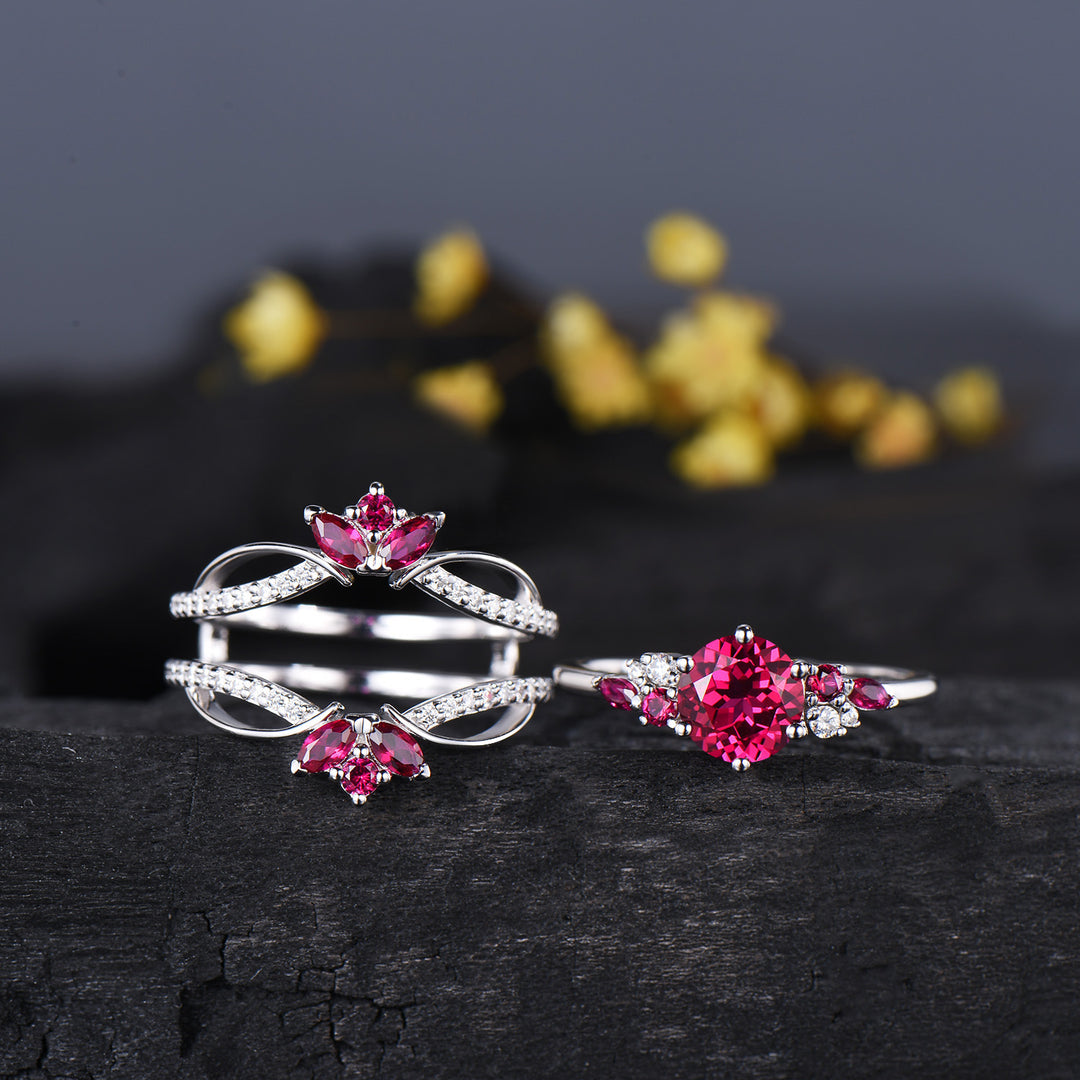 Vintage Snowdrift Ruby Engagement Ring Set: 14K White Gold Moissanite Wedding Set