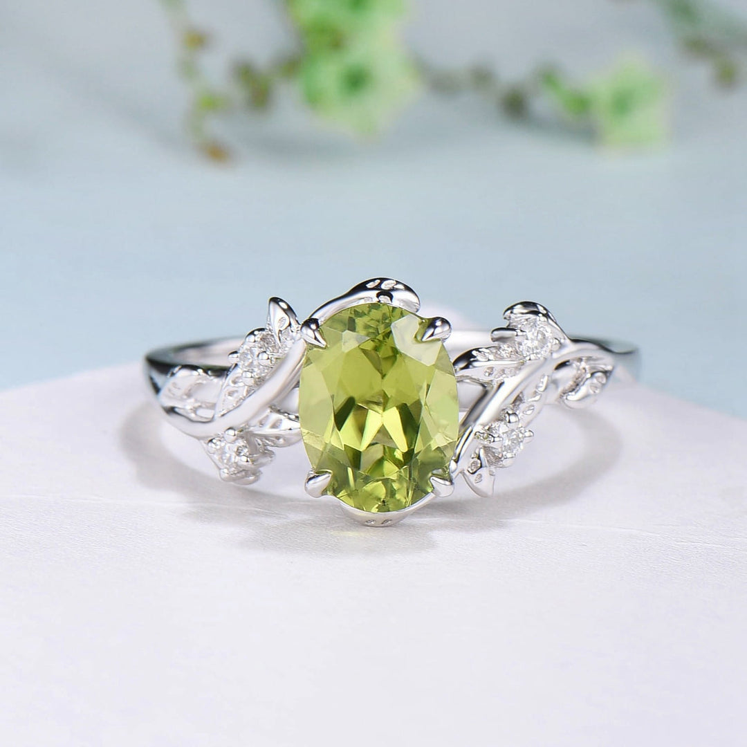 Nature inspired peridot wedding ring set Leaf peridot diamond twig engagement ring set - PENFINE