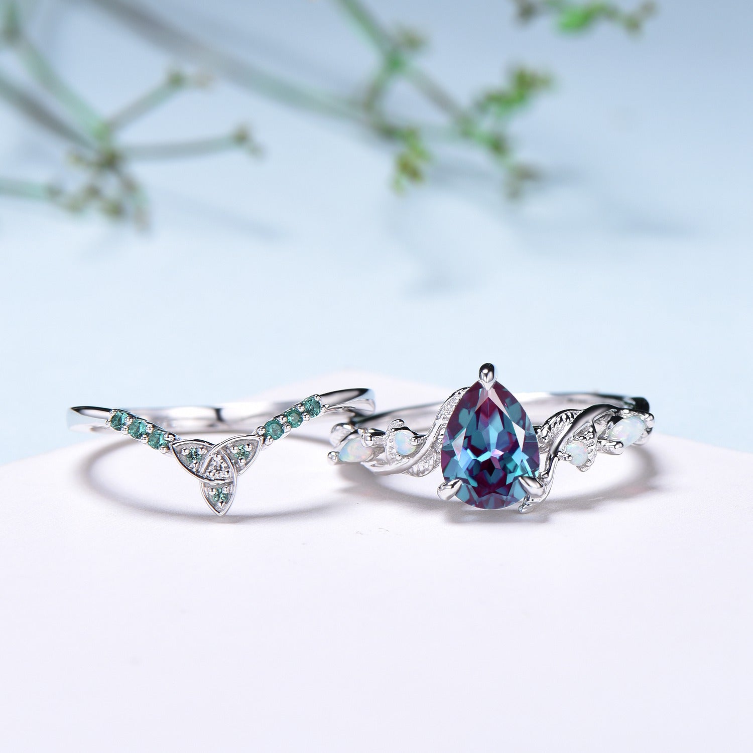 Unique Alexandrite Engagement Ring Set Infinity Opal Emerald Celtic Norse Viking Bridal Ring Set Art Deco Color Change Anniversary Ring - PENFINE