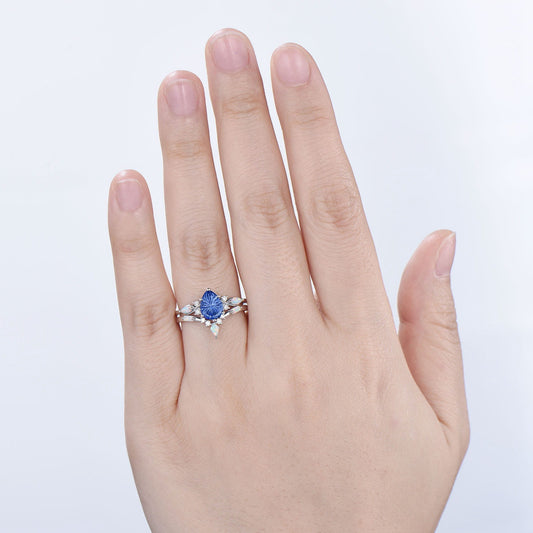 Vintage Starburst Cut Blue Sapphire Wedding Ring Set Pear Shaped July Birthstone Engagement Ring Set Unique Cluster Opal Wedding Set
