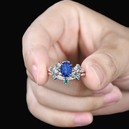 Oval Shaped Fantasy Cut Sapphire Leaf Bridal Set Emerald Nature Inspired Ring