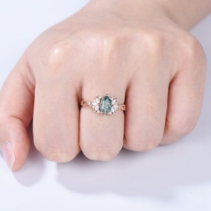Vintage Long Hexagon cut green moss agate engagement ring cluster marquise cut opal wedding ring art deco infinity band ring for women