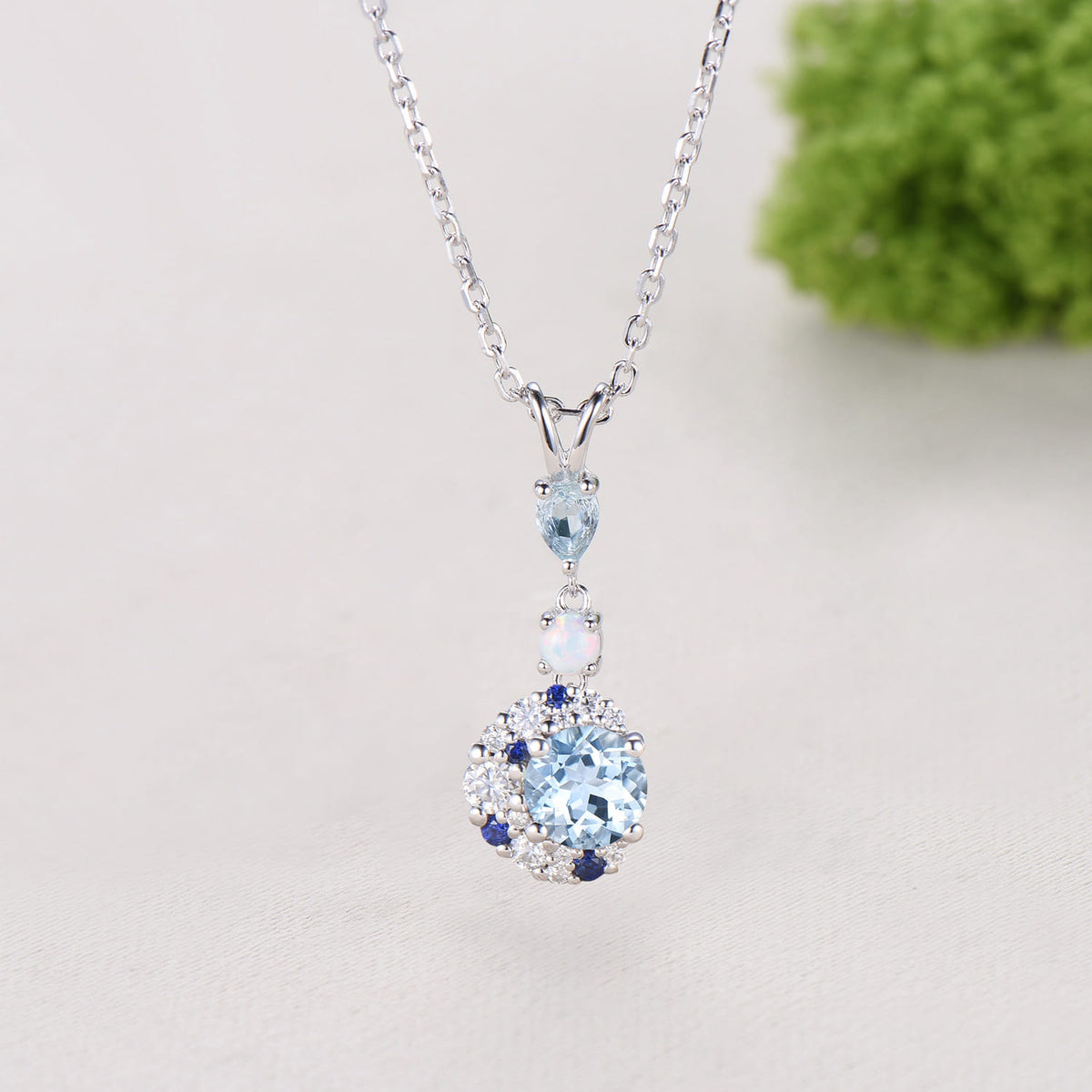Elegant Round Cut Aquamarine Necklace Moissanite Halo Opal White Gold Moon Necklace