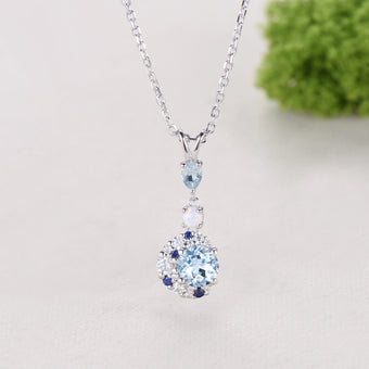 Elegant Round Cut Aquamarine Necklace Moissanite Halo Opal White Gold Moon Necklace