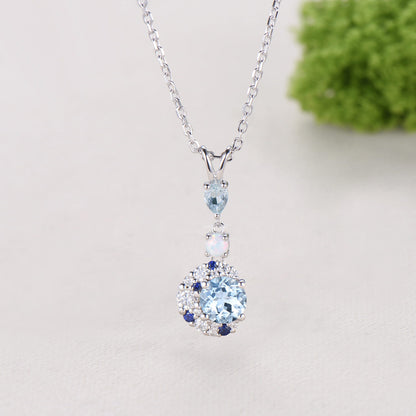 Elegant Round Cut Aquamarine Necklace Moissanite Halo Opal White Gold Moon Necklace