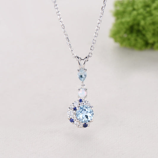Elegant Round Cut Aquamarine Necklace Moissanite Halo Opal White Gold Moon Necklace