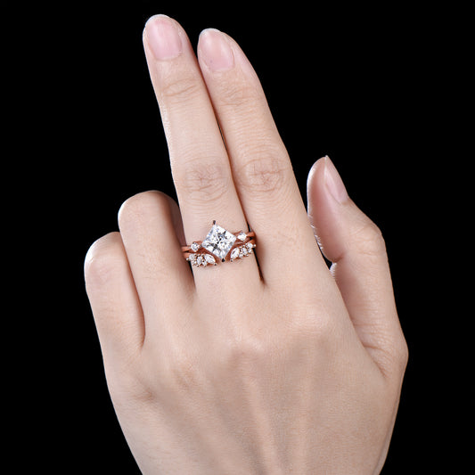 2CT Princess Shaped Moissanite Three Stone Engagement Ring Diamond Cluster Open Gaps Stacking Band Rose Gold Wedding Bridal Set Women Gifts - PENFINE