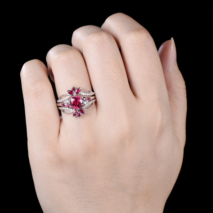 Vintage Snowdrift Ruby Engagement Ring Set: 14K White Gold Moissanite Wedding Set