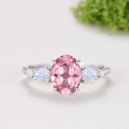 1.5 Carat Oval Padparadscha Sapphire Engagement Ring Set, Pear White Opal Wedding Band, Fire Opal Stacking Pink Gemstone Wedding Bridal Set