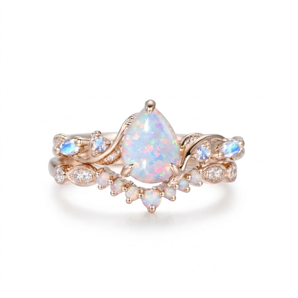 1.25ct Pear Fire Opal Moonstone Engagement Ring Set,14k rose gold, US 8.5