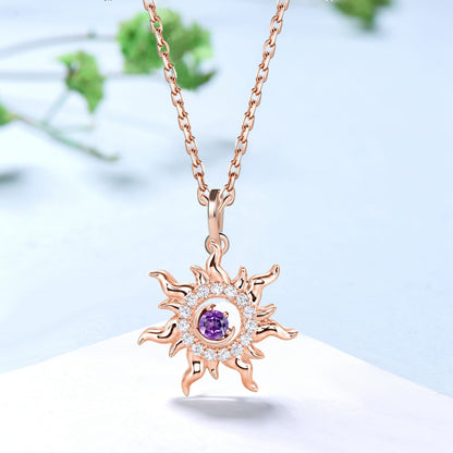 Unique Sunflower Natural Amethyst Pendant Necklace 18k Solid Gold Floral February Birthstone Moon Neckalce Nature Inspired Wreath Pendant - PENFINE