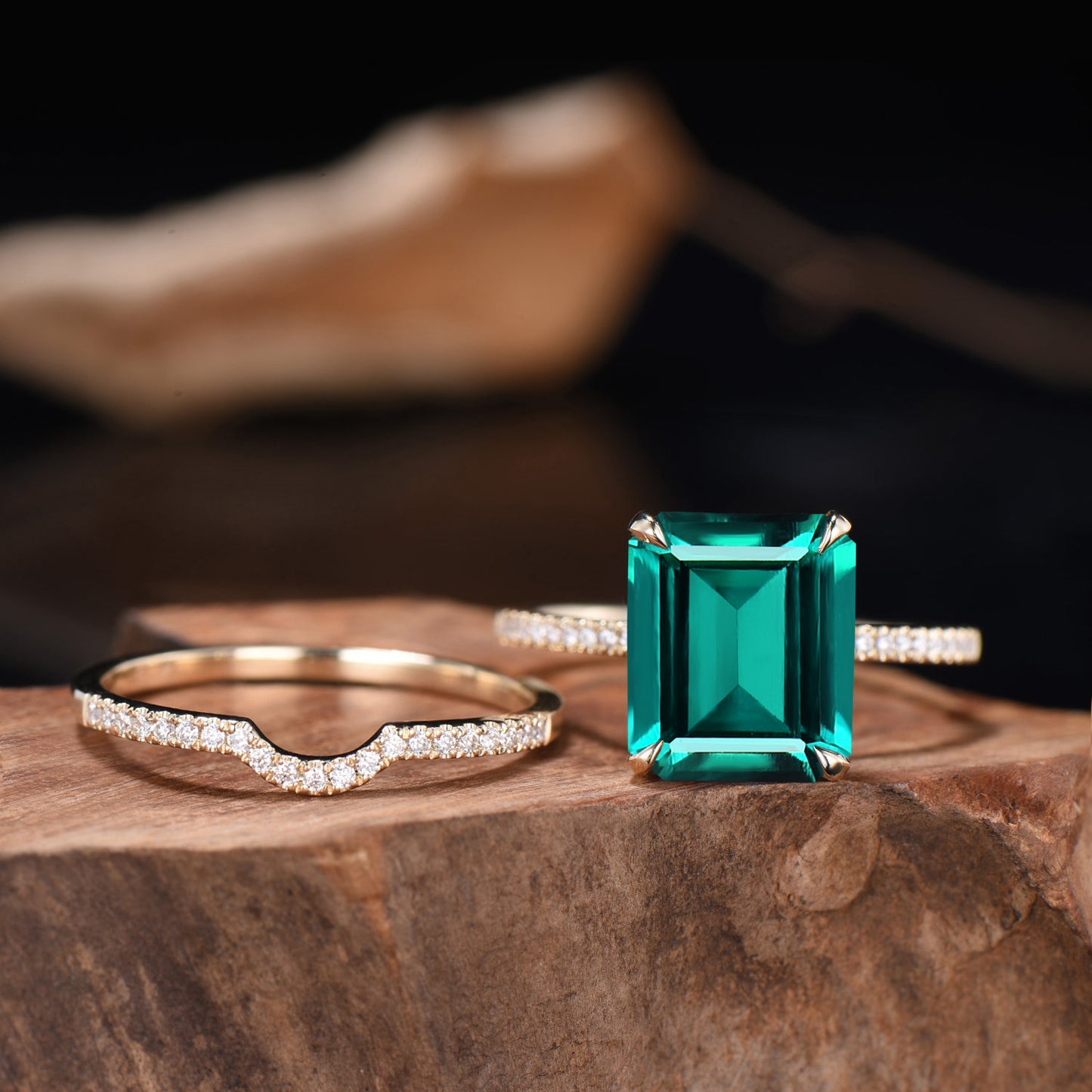10x12mm Emerald Cut Emerald Engagement Ring Set, Hidden Halo Diamond Half Eternity Band