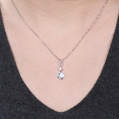 Unique Round Cut Opal Moon Necklace Moissanite Halo Aquamarine White Gold Wedding Pendant