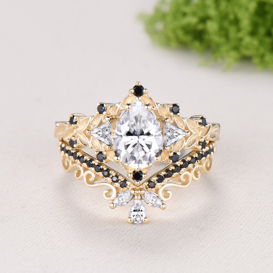 Nature Inspired Pear Shaped Moissanite Wedding Set Unique Moissanite Engagement Ring 14K Yellow Gold Leaf Vine Black Spinel Stacking Band