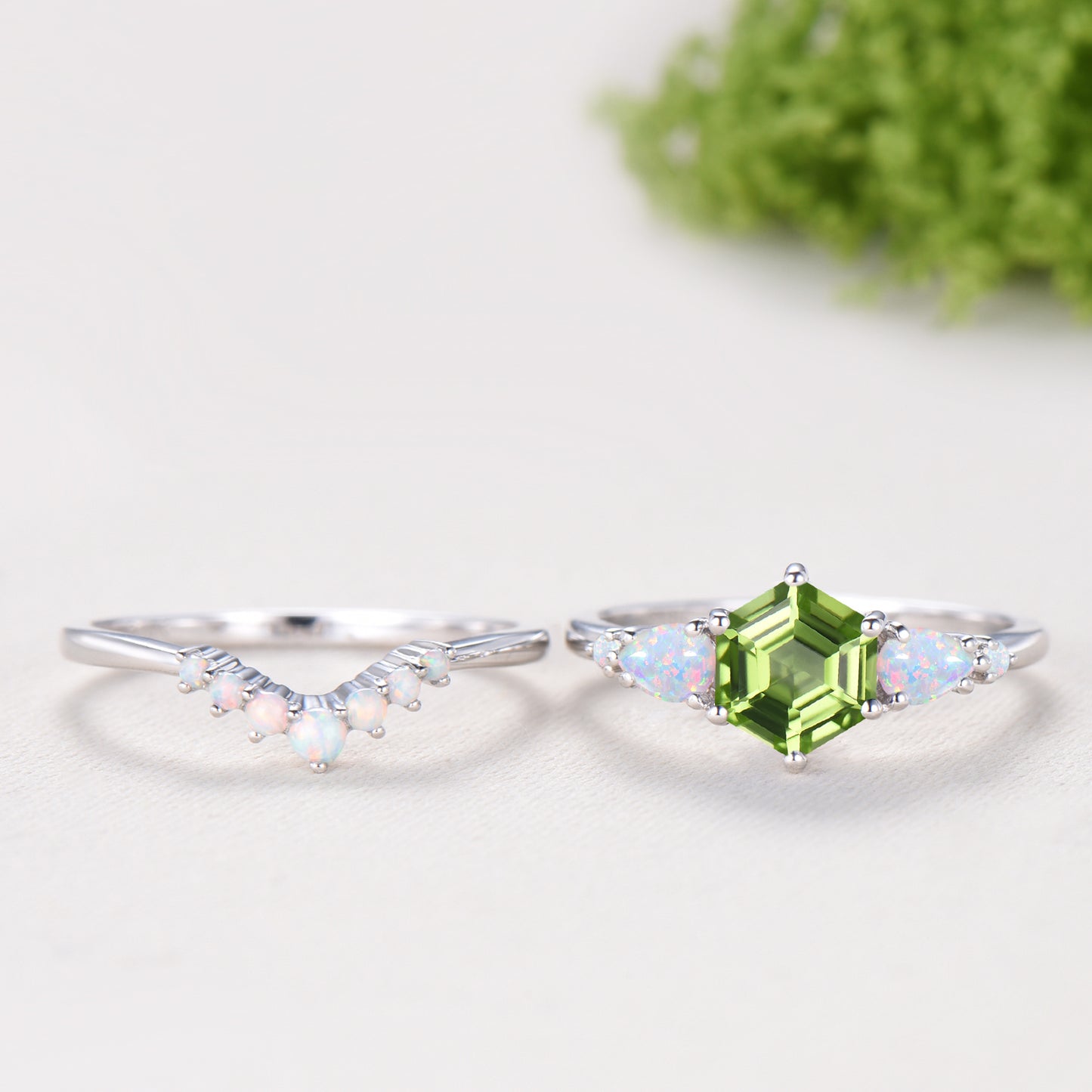 Vintage Hexagon Cut Natural Peridot Engagement Ring Set, August Birthstone Promise Ring, Fire Opal Stacking Band, Unique Wedding Bridal Set
