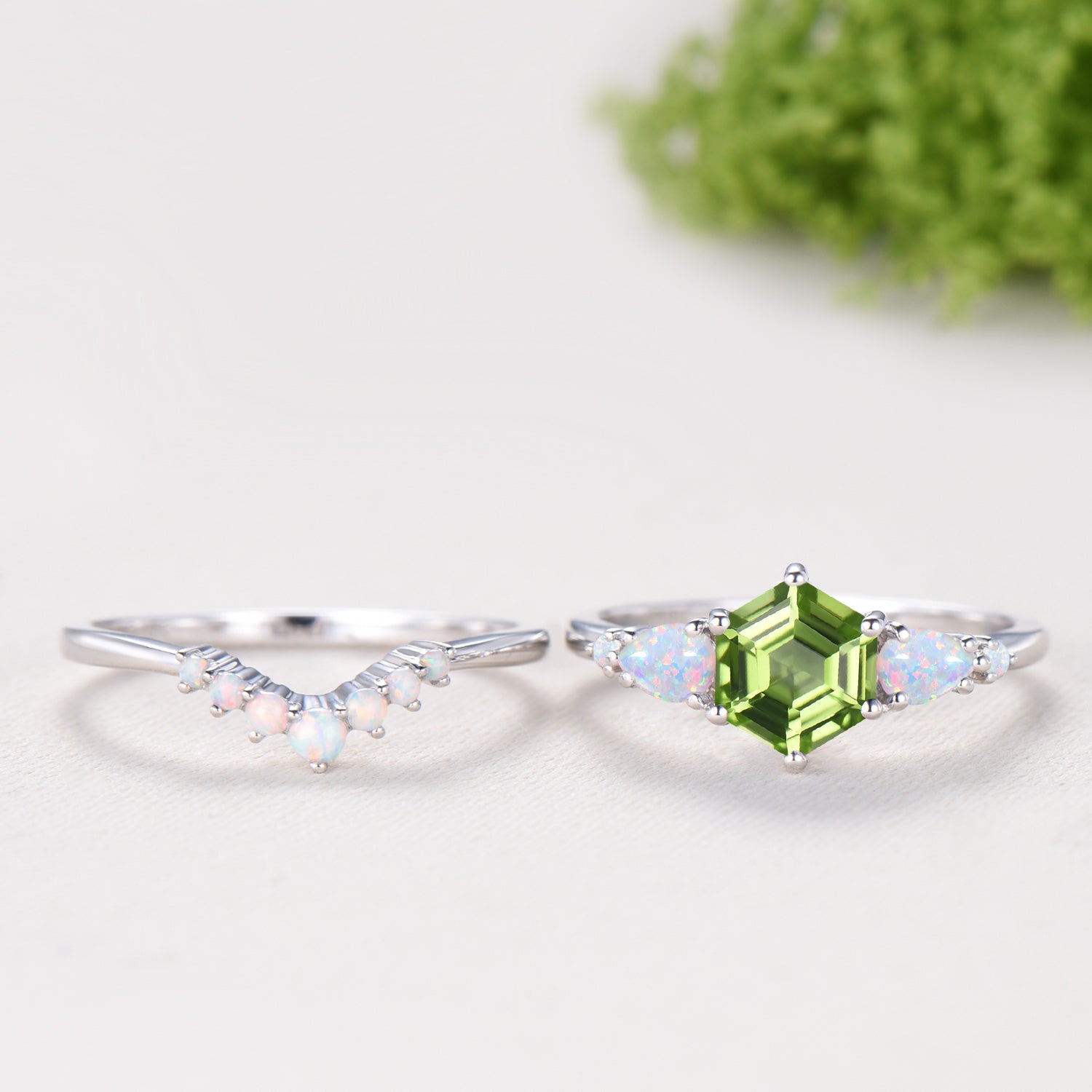 Vintage Hexagon Cut Natural Peridot Engagement Ring Set, August Birthstone Promise Ring, Fire Opal Stacking Band, Unique Wedding Bridal Set