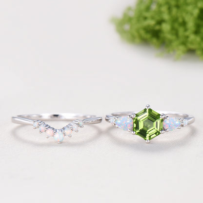Vintage Hexagon Cut Natural Peridot Engagement Ring Set, August Birthstone Promise Ring, Fire Opal Stacking Band, Unique Wedding Bridal Set