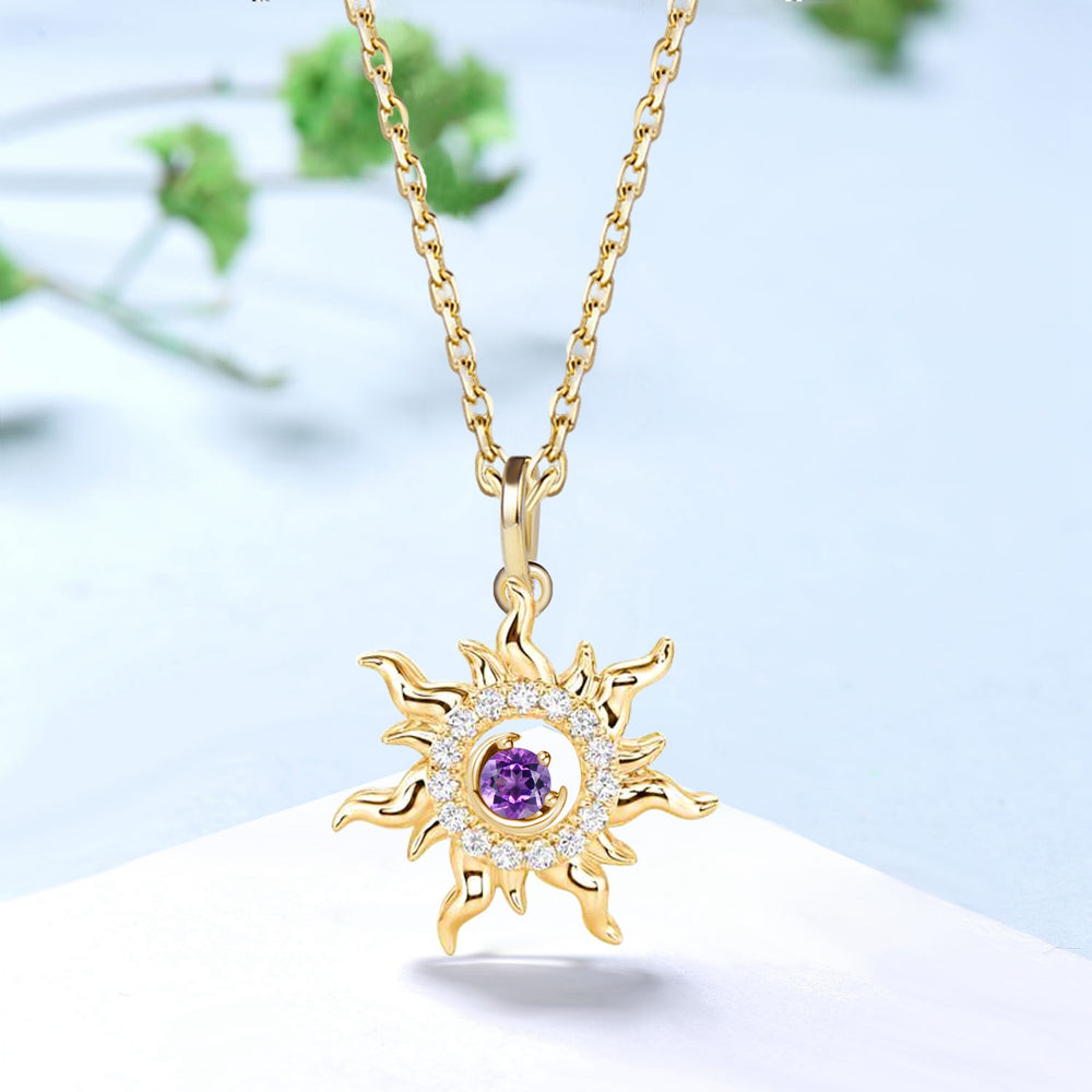 Unique Sunflower Natural Amethyst Pendant Necklace 18k Solid Gold Floral February Birthstone Moon Neckalce Nature Inspired Wreath Pendant - PENFINE