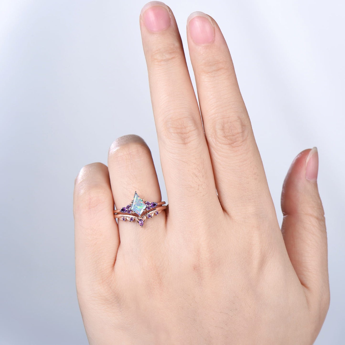 Kite Cut White Opal 7 Stone Engagement Ring Amethyst Rose Gold Bridal Set
