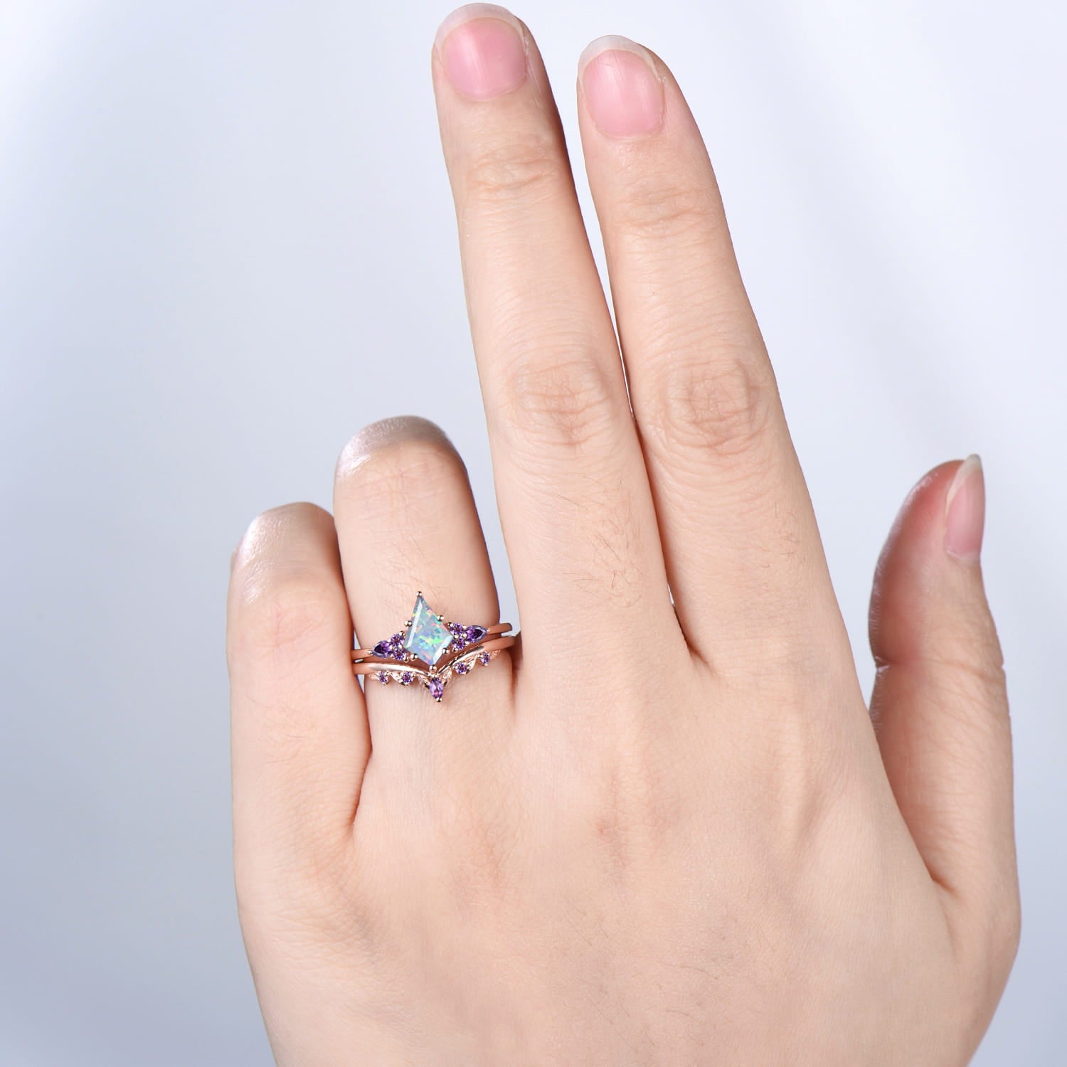 Kite Cut White Opal 7 Stone Engagement Ring Amethyst Rose Gold Bridal Set