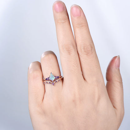Kite Cut White Opal 7 Stone Engagement Ring Amethyst Rose Gold Bridal Set