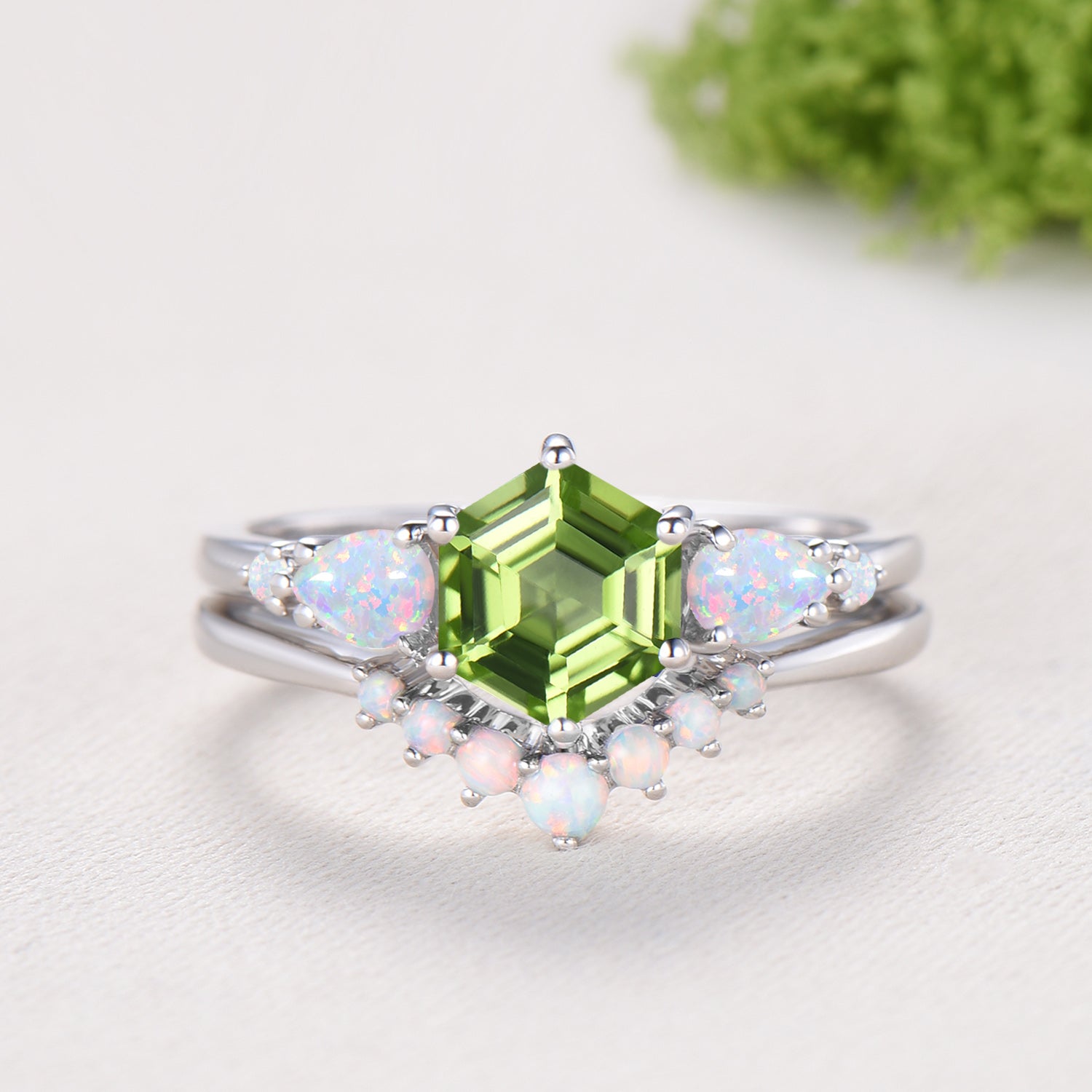 Vintage Hexagon Cut Natural Peridot Engagement Ring Set, August Birthstone Promise Ring, Fire Opal Stacking Band, Unique Wedding Bridal Set