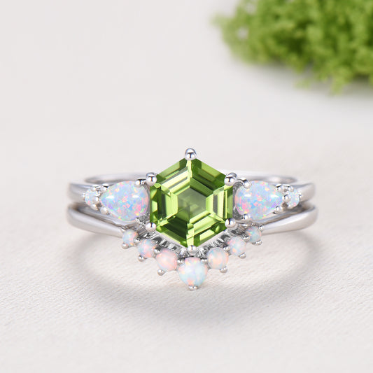 Vintage Hexagon Cut Natural Peridot Engagement Ring Set, August Birthstone Promise Ring, Fire Opal Stacking Band, Unique Wedding Bridal Set