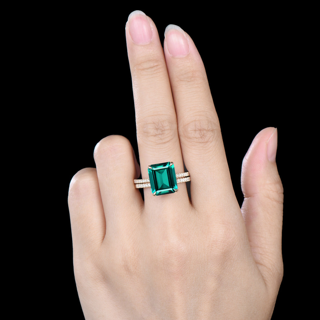 10x12mm Emerald Cut Emerald Engagement Ring Set, Hidden Halo Diamond Half Eternity Band