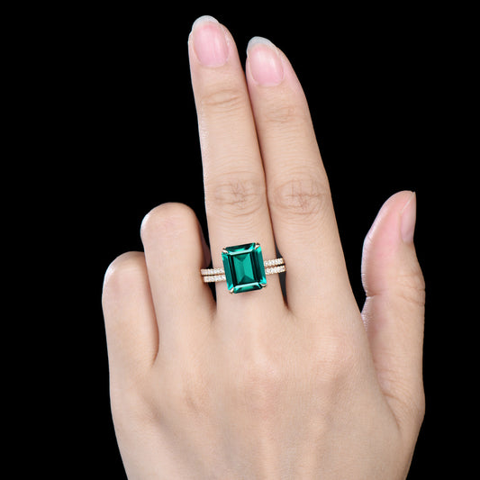 10x12mm Emerald Cut Emerald Engagement Ring Set, Hidden Halo Diamond Half Eternity Band