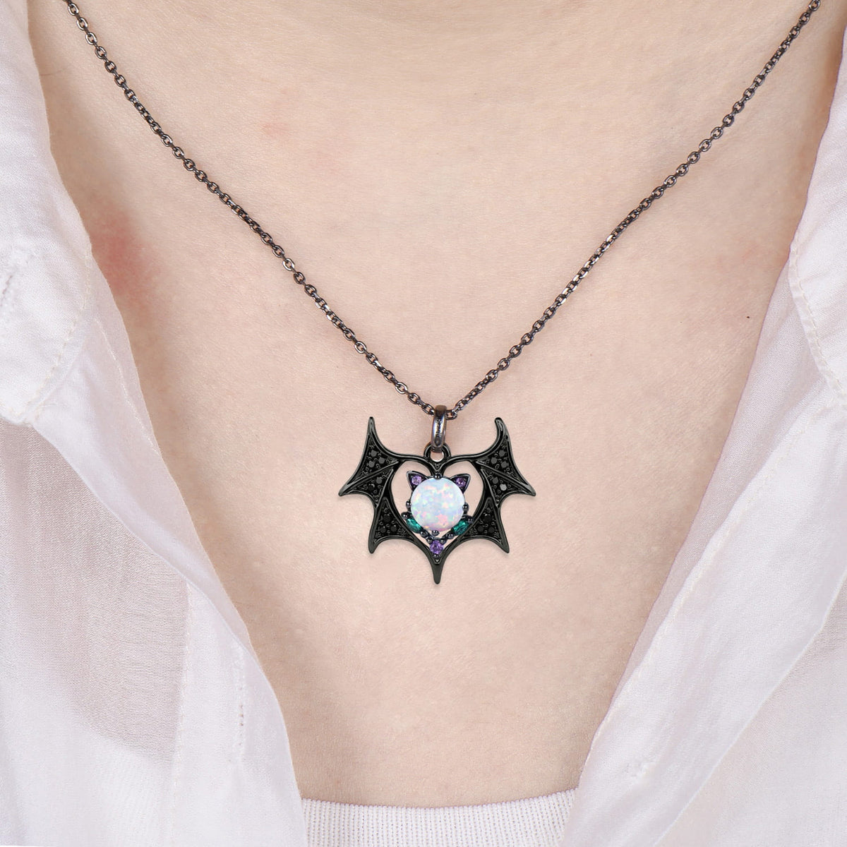 Unique Cat & Bat Pendant Necklace Devil Black Spinel Wing Pendant