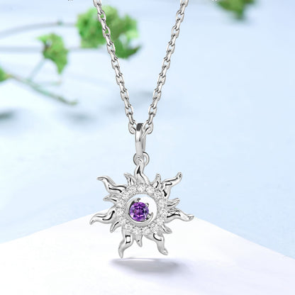 Unique Sunflower Natural Amethyst Pendant Necklace 18k Solid Gold Floral February Birthstone Moon Neckalce Nature Inspired Wreath Pendant - PENFINE