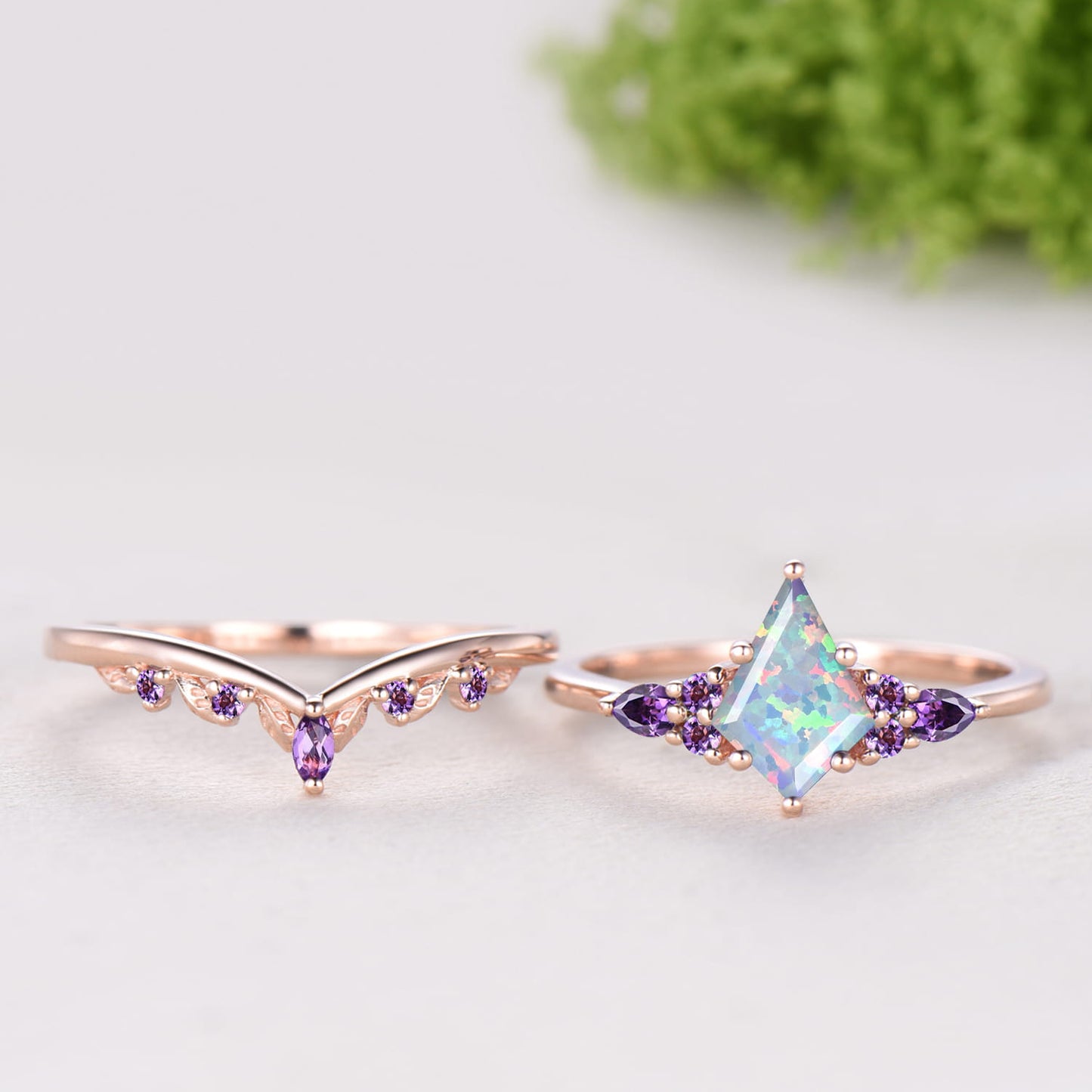 Kite Cut White Opal 7 Stone Engagement Ring Amethyst Rose Gold Bridal Set