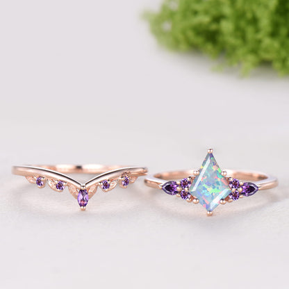 Kite Cut White Opal 7 Stone Engagement Ring Amethyst Rose Gold Bridal Set
