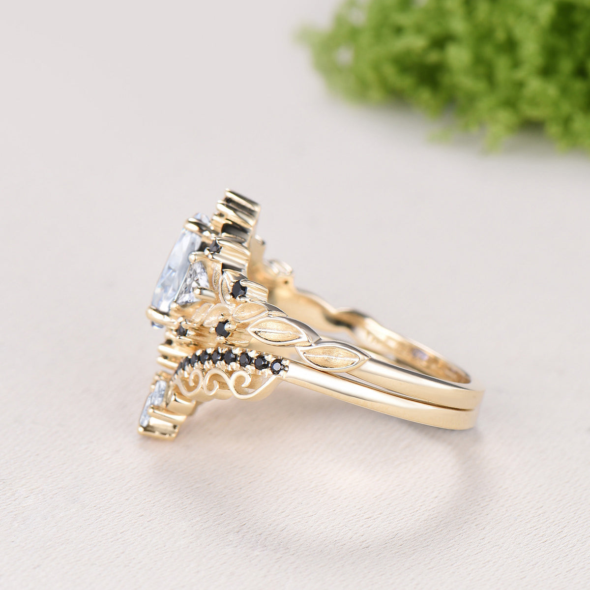 Nature Inspired Pear Shaped Moissanite Wedding Set Unique Moissanite Engagement Ring 14K Yellow Gold Leaf Vine Black Spinel Stacking Band