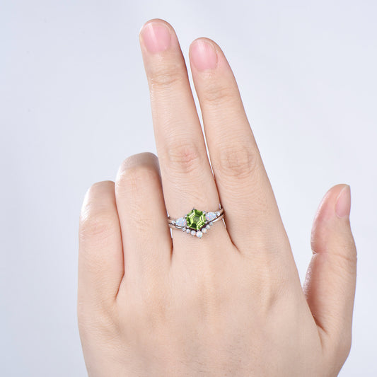 Vintage Hexagon Cut Natural Peridot Engagement Ring Set, August Birthstone Promise Ring, Fire Opal Stacking Band, Unique Wedding Bridal Set