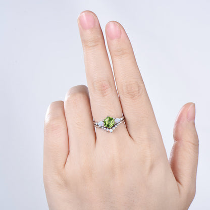 Vintage Hexagon Cut Natural Peridot Engagement Ring Set, August Birthstone Promise Ring, Fire Opal Stacking Band, Unique Wedding Bridal Set