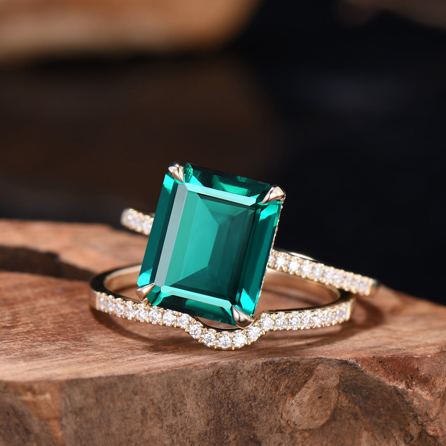 10x12mm Emerald Cut Emerald Engagement Ring Set, Hidden Halo Diamond Half Eternity Band