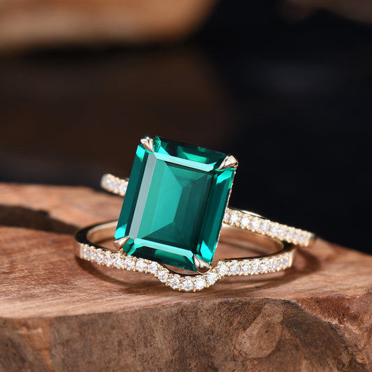10x12mm Emerald Cut Emerald Engagement Ring Set, Hidden Halo Diamond Half Eternity Band