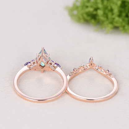 Kite Cut White Opal 7 Stone Engagement Ring Amethyst Rose Gold Bridal Set