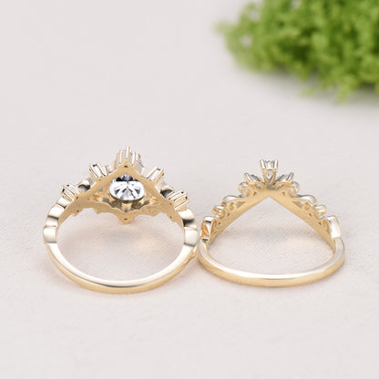 Nature Inspired Pear Shaped Moissanite Wedding Set Unique Moissanite Engagement Ring 14K Yellow Gold Leaf Vine Black Spinel Stacking Band