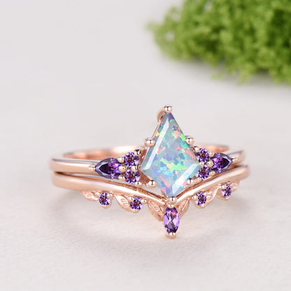 Kite Cut White Opal 7 Stone Engagement Ring Amethyst Rose Gold Bridal Set