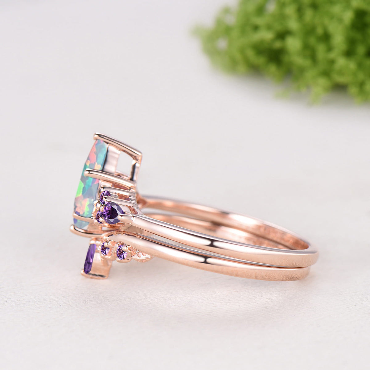 Kite Cut White Opal 7 Stone Engagement Ring Amethyst Rose Gold Bridal Set
