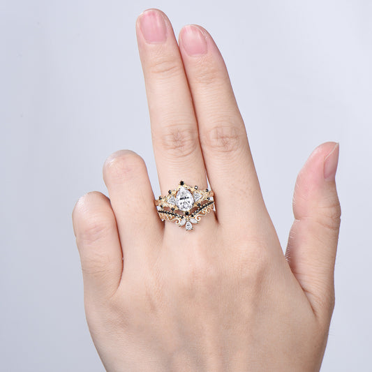 Nature Inspired Pear Shaped Moissanite Wedding Set Unique Moissanite Engagement Ring 14K Yellow Gold Leaf Vine Black Spinel Stacking Band