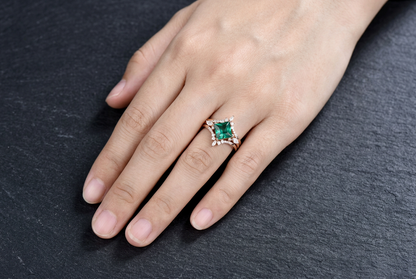 Vintage 3pcs princess cut emerald wedding set, accent moissanite 14k rose gold , size 5.5