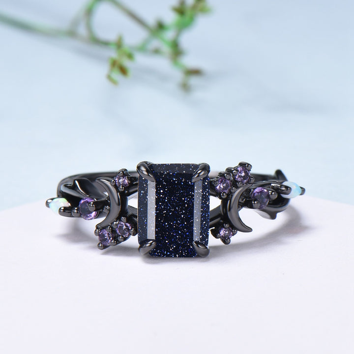 Unique Black Gold Blue Sandstone Ring Emerald Cut Vintage Galaxy Moon Engagement Ring Cluster Opal Amethyst Wedding Ring Promise Gift Women - PENFINE