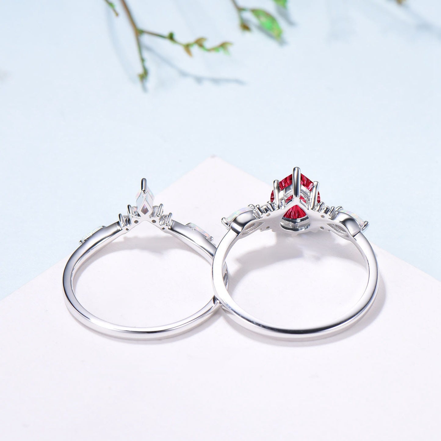 Vintage Starburst Cut Red Ruby Wedding Ring Set Pear Shaped Ruby Opal Engagement Ring Set