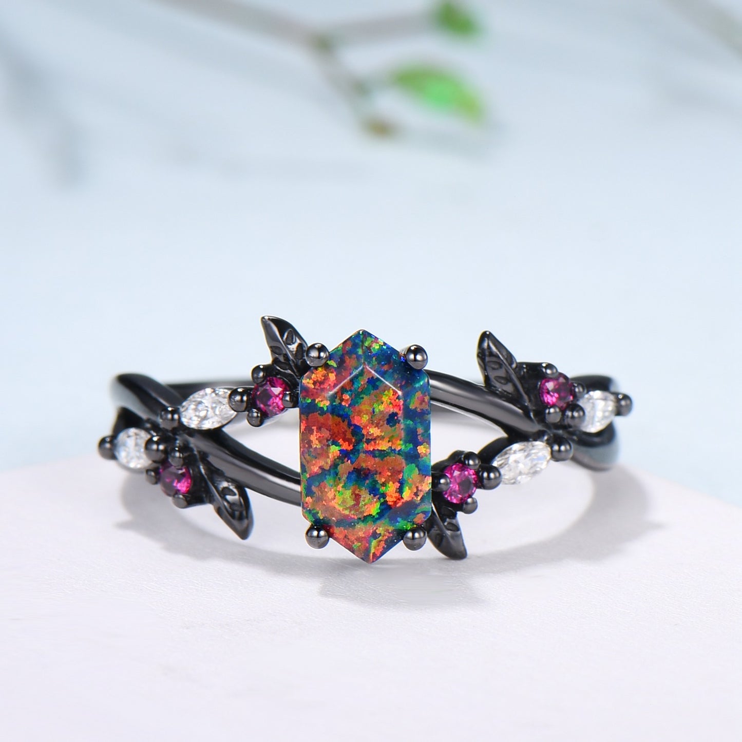 Handmade Black Gold Fire Opal Ring: Gothic Ruby Leaves, Hexagon Cut - PENFINE