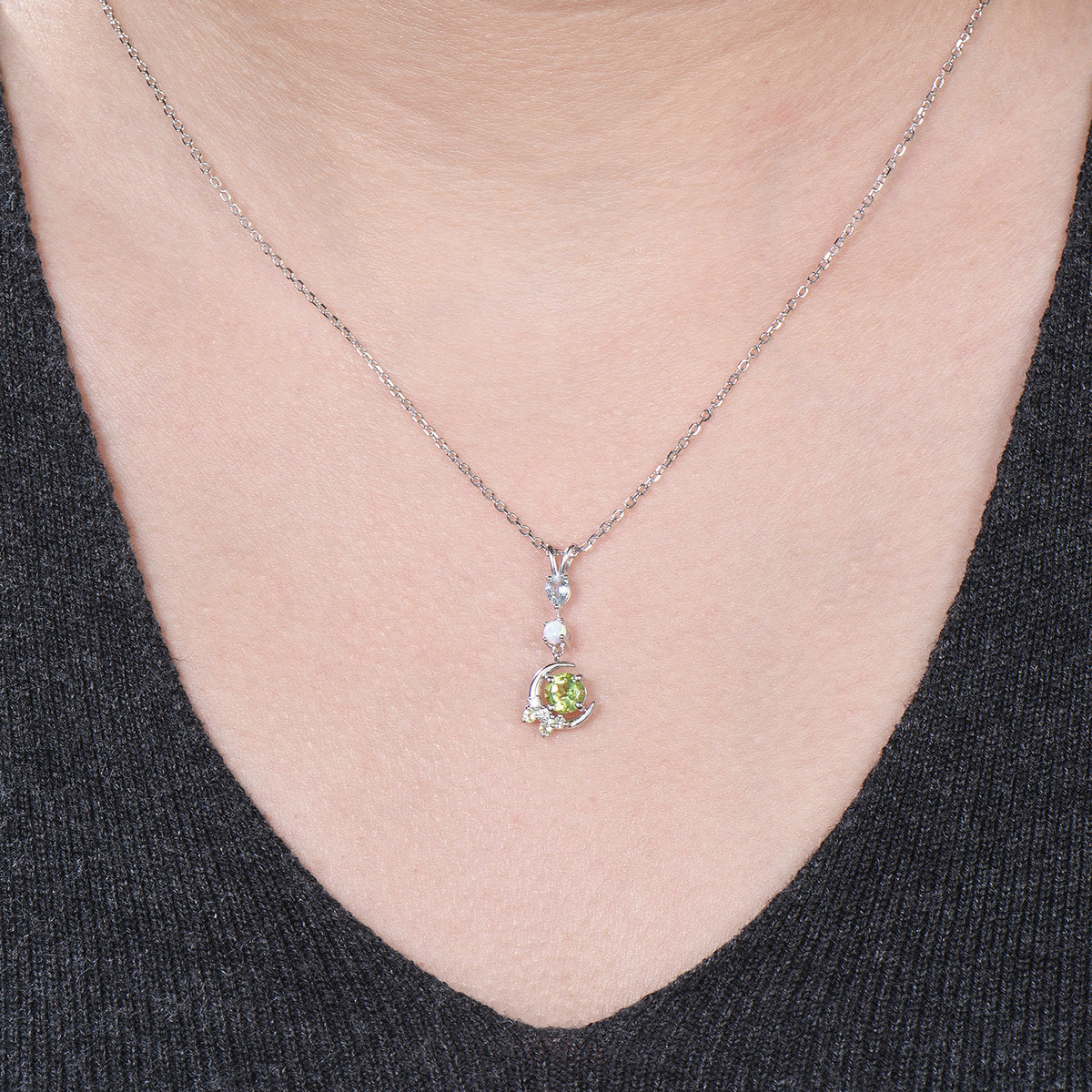 Dainty Peridot Moon Pendant, White Gold Necklace, Opal Aquamarine Branch Necklace