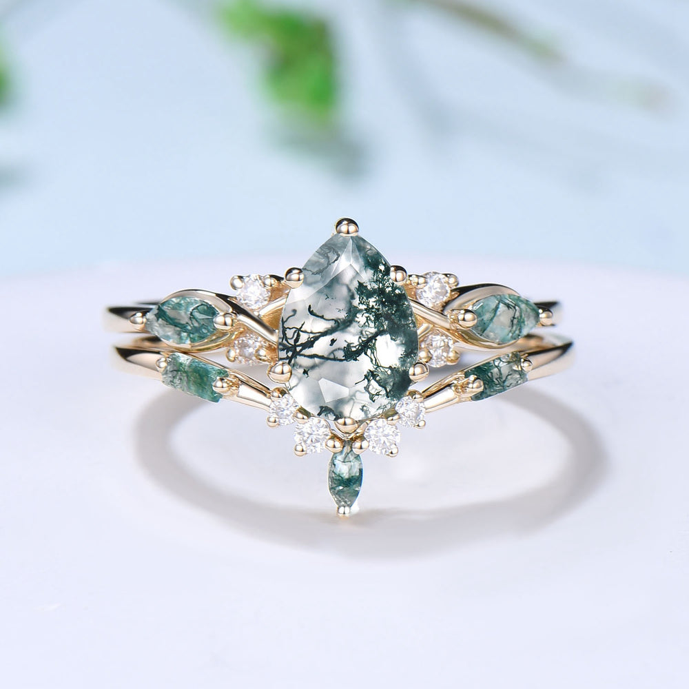 Vintage Pear Shaped Natural Green Moss Agate Engagement Ring Set Unique 14k Rose Gold Vine Marquise Agate Wedding Ring Set Ring for Women - PENFINE